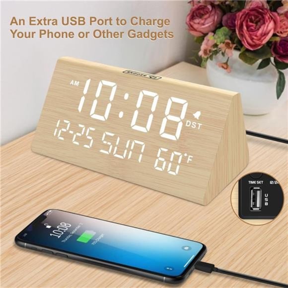Digital Alarm Clocks for Bedrooms - Wooden Electric Clock with USB Ports, Date - Picture 2 of 6